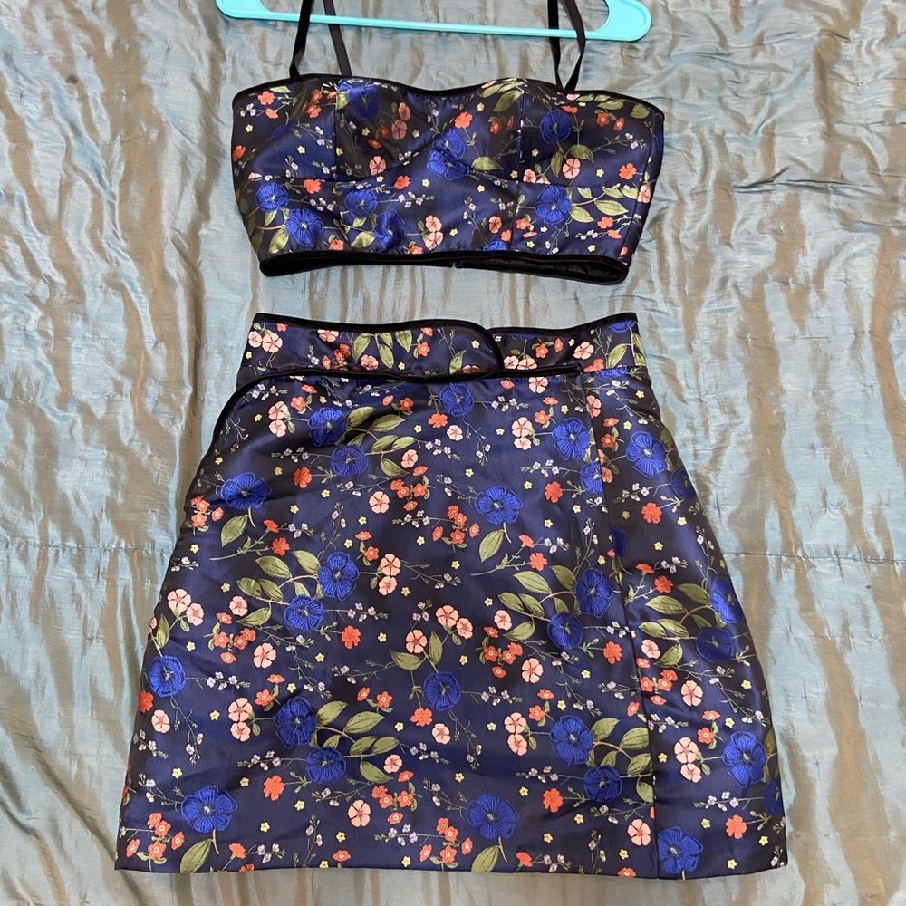 Matching printed 2 piece, silk crop top and skirt